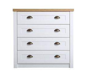 Modern light wooden chest of drawers isolated on white. Furniture for wardrobe room