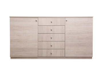 Modern light wooden cabinet isolated on white. Furniture for wardrobe room