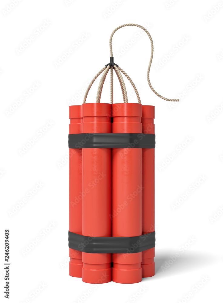 Poster 3d rendering of a bundle of dynamite sticks standing upright on a white background.