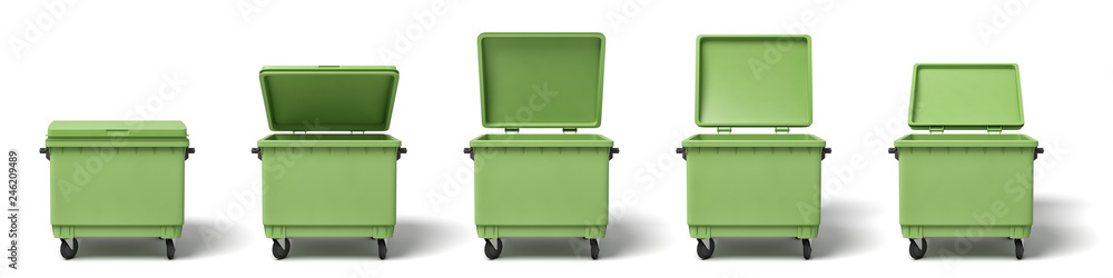 Poster 3d rendering of several light-green dumpsters in a row on white background.