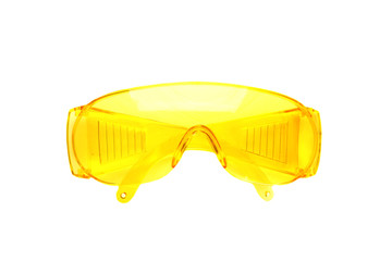 Protective goggles on white background. Safety equipment