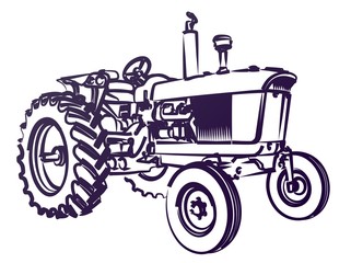 The Sketch of a old big heavy tractor.