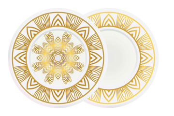 decorative plates for interior design. Empty dish, porcelain plate mock up design. Vector illustration. Decorative plates with Mandala ornament patterns