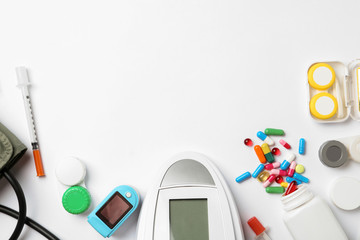 Flat lay composition with different medical objects and space for text on white background