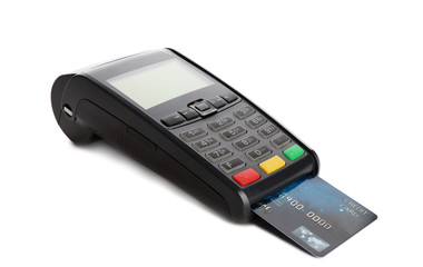 Modern payment terminal with credit card on white background. Space for text