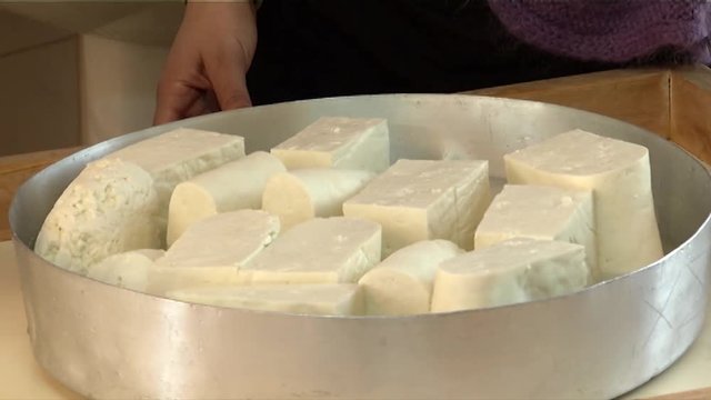 Close-up of making traditional Halloumi Cyprus cheese