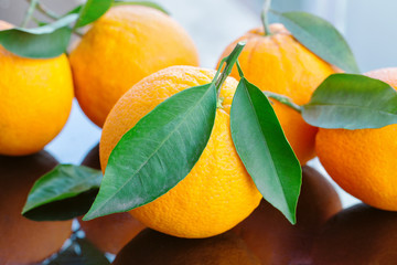 fresh ripe oranges with leaves