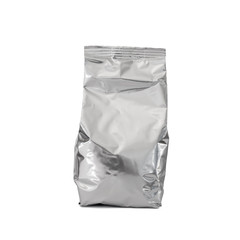 Fototapeta na wymiar blank foil Aluminium bag for baby milk powder, tea or coffee isolated on white background with clipping path