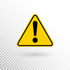 Warning symbol. Attention button. Red exclamation mark in yellow triangle isolated on transparent background. Warning sign. Exclamation mark icon in flat style. Vector illustration