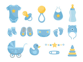 Baby nursing and health care and hygiene products vector illustration set.