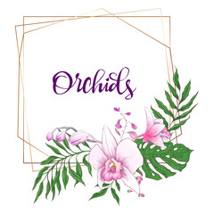 Floral design geometric frame. Orchid, eucalyptus, greenery. Wedding card.