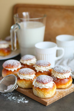 Homemade semla or vastlakukkel (in Estonia) is a traditional sweet roll with whipped cream made in Scandinavic and Baltic countries for Shrove Tuesday or related days