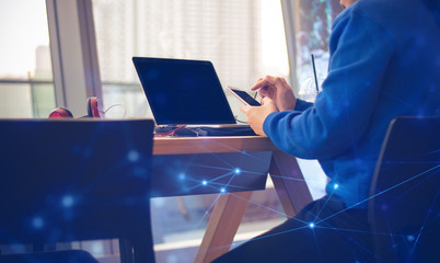 man touch smartphone screen in coffee shop with social network business concept