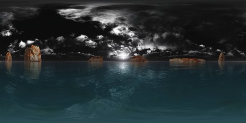 HDRI, environment map , Round panorama, spherical panorama, equidistant projection, panorama 360, Night landscape, the moon above the water