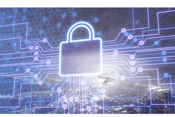 Digital lock icon and city background, concept of data security