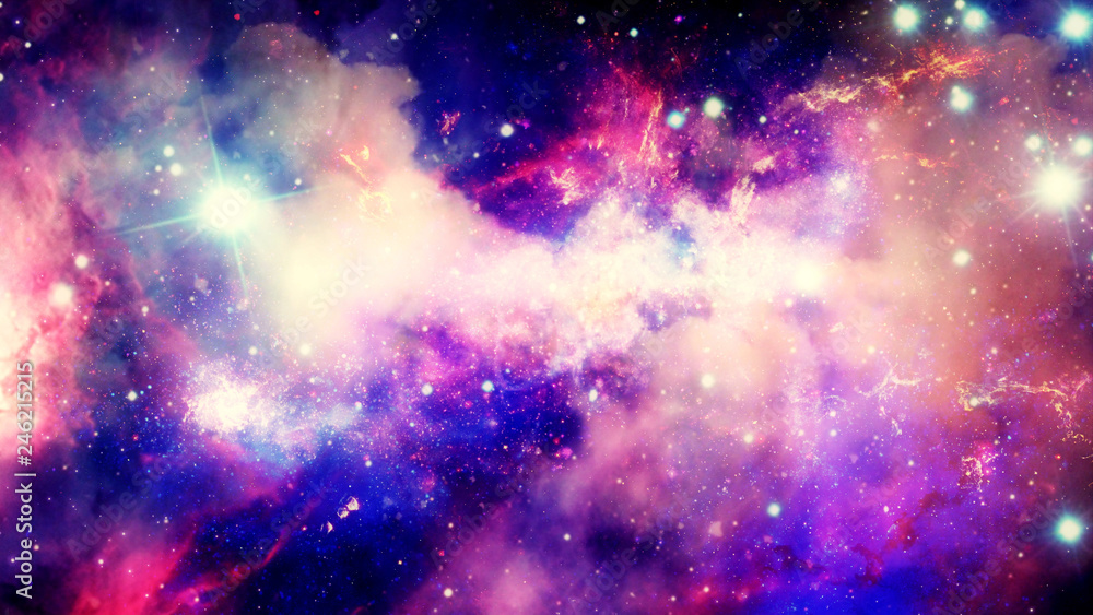Poster 3d rendering of a stellar nebula and cosmic dust, cosmic gas clusters and constellations in deep spa