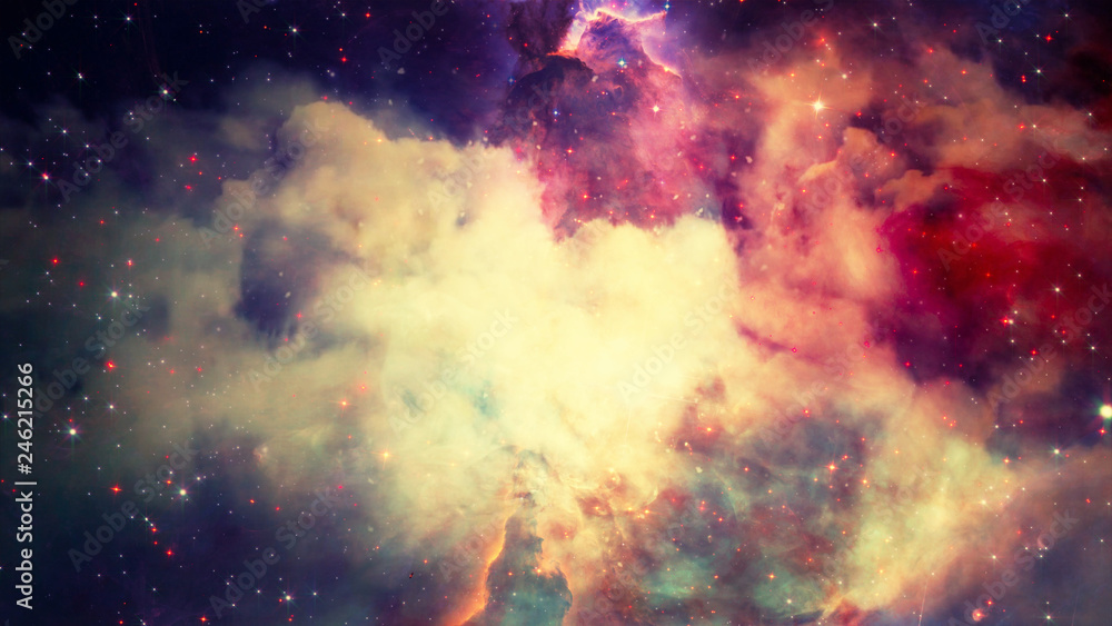 Poster 3d rendering of a stellar nebula and cosmic dust, cosmic gas clusters and constellations in deep spa