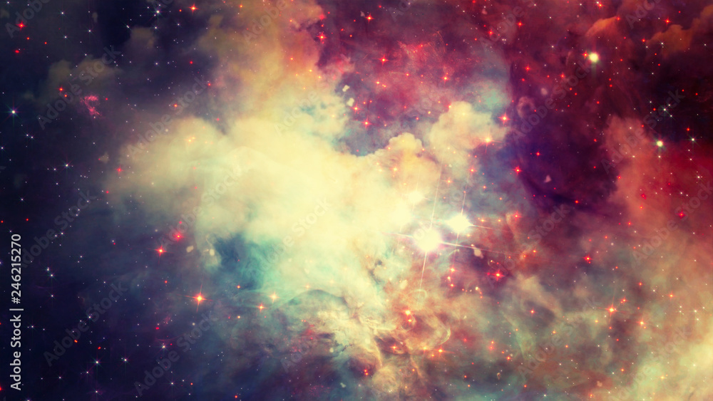 Poster 3d rendering of a stellar nebula and cosmic dust, cosmic gas clusters and constellations in deep spa