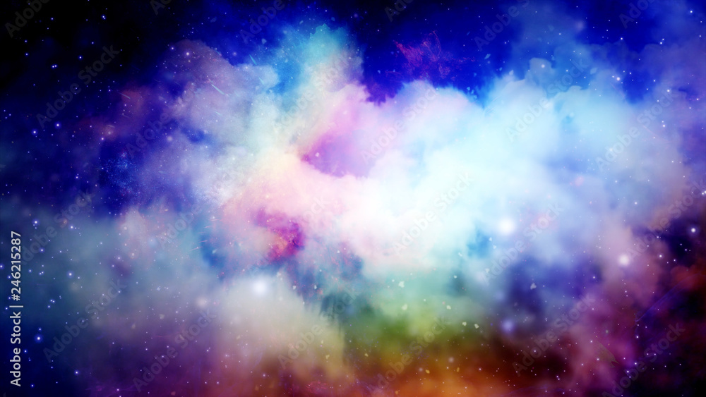 Poster 3d rendering of a stellar nebula and cosmic dust, cosmic gas clusters and constellations in deep spa