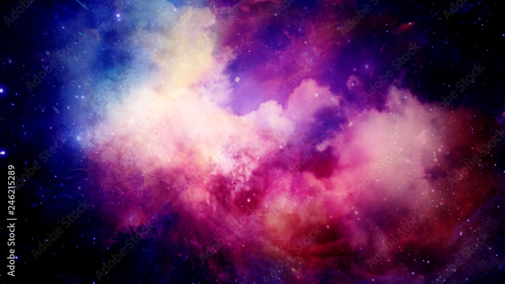 Poster 3d rendering of a stellar nebula and cosmic dust, cosmic gas clusters and constellations in deep spa