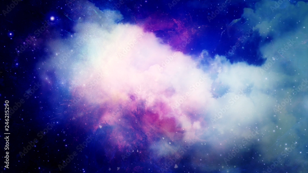 Poster 3d rendering of a stellar nebula and cosmic dust, cosmic gas clusters and constellations in deep spa