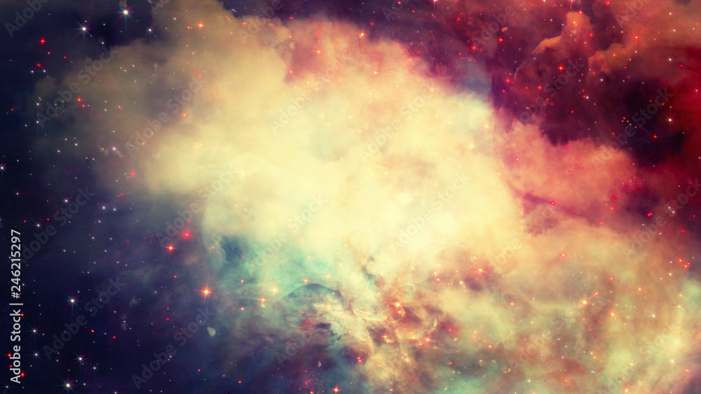Poster 3d rendering of a stellar nebula and cosmic dust, cosmic gas clusters and constellations in deep spa