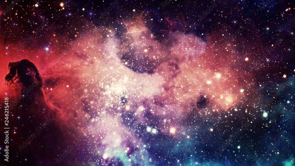Poster 3d rendering of a stellar nebula and cosmic dust, cosmic gas clusters and constellations in deep spa