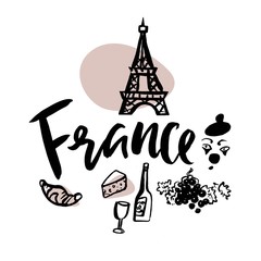 Set with iconic symbols in calligraphic style of the France. Calligraphy France, vector