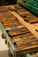 The set of the authentic wooden letters (also named as sort or type) from Cyrillic alphabet used some time ago for letterpress printing
