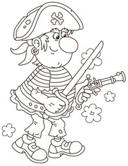 Sea pirate shooting his old pistol and brandishing a saber, black and white vector illustration in a cartoon style for a coloring book