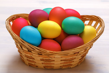 Fototapeta na wymiar Many Easter colored eggs in the basket. Close-up