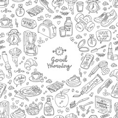  Vector seamless illustration of morning and breakfast. Handmade color draw sketch with food, clock, soap, news and cosmetics.