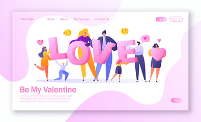 Concept of landing page on love story theme. Romantic vector illustration on love story theme. Happy flat people character holding large letters LOVE. Lifestyle concept on Valentine Day theme.
