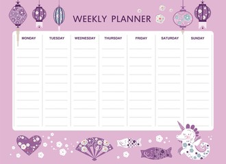 Vector weekly planner with cute animals and elements. Schedule design template