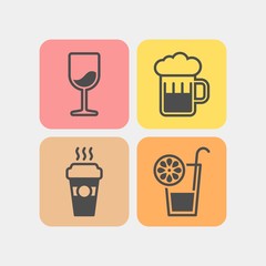 Drinks flat vector icons set. Coffee, wineglass, beer, juice flat vector icons