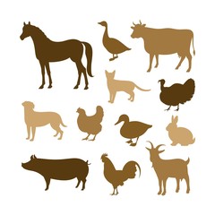 Farm animals silhouettes. Horse, cow, pig, goat, rabbit, cat, dog, goose, chicken, duck, rooster, turkey vector silhouettes