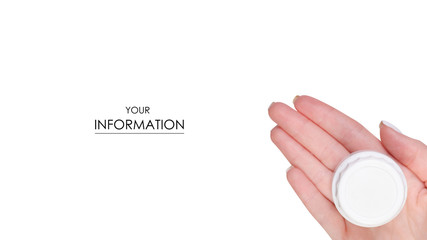 Pills capsule medicine jar in hand pattern on white background isolation, top view