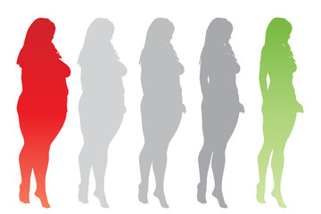 Vector conceptual fat overweight obese female vs slim fit healthy body after weight loss or diet with muscles thin young woman isolated. Fitness, nutrition or fatness obesity, health silhouette shape