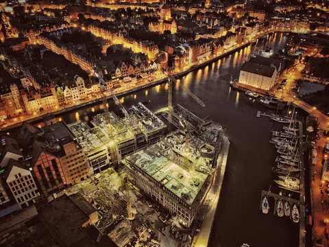 Top view night picture of Old Town in Gdansk Poland