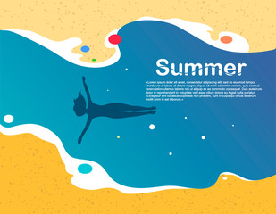 Stylized abstract summer background with silhouettes swimming girl on the water. Vector illustration