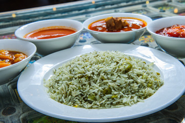 Middle east food plates and dishes. Arrangement of arabic food specialties on a table.