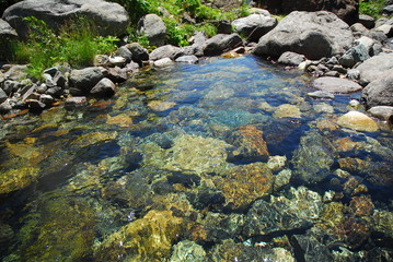 Clear and fresh waters flowing in alpine torrents of Aosta valley, Italy.