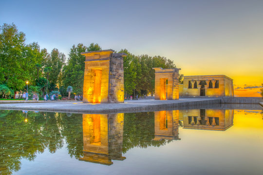 Sunset view of temple of debod in Madrid