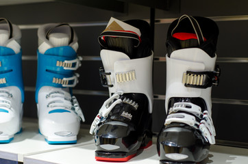 Ski boots for sale in the store.