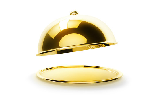 Waiter holding gold tray with cover on white background. Empty restaurant cloche with open lid. 3d illustration.