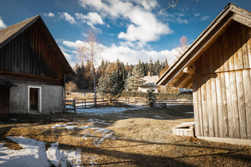 countryside wooden chalet in alps close up, uskovnica, slovenia