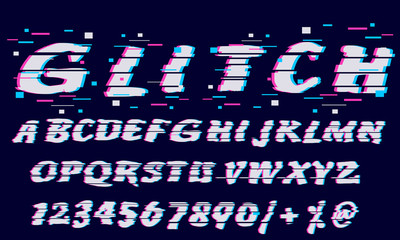 Trendy Glitch distorted font letters and numbers. Vector set with broken pixel effect,old distorted TV matrix effect. Video game alphabet in retro style