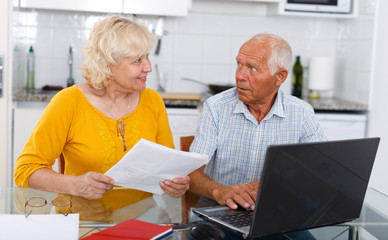 Senior man and woman  looking at laptop  at home interior