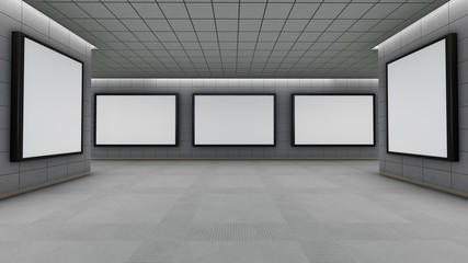 Big horizontal and vertical blank billboards in underground, 3D rendering