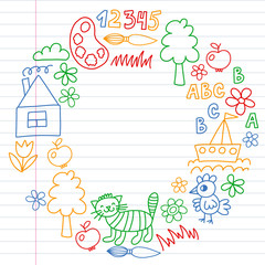 Kindergarten pattern, drawn kids garden elements pattern, doodle drawing, vector illustration, colorful. line.